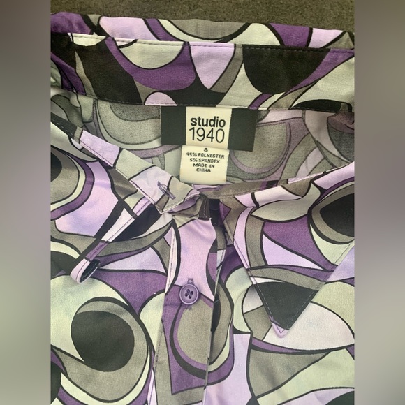Lot of 2 sz Small tops shirts blouse satin purple retro print - Picture 9 of 9